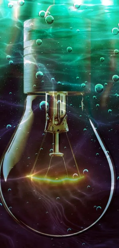 Artistic lightbulb submerged in teal water with bubbles.