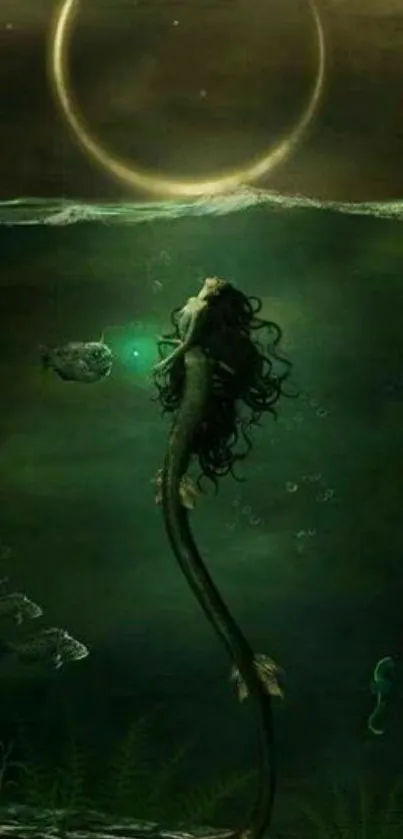 Mystical mermaid gazes upward in dark underwater world.