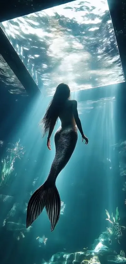 A mystical mermaid swimming in an enchanting underwater scene with light beams.