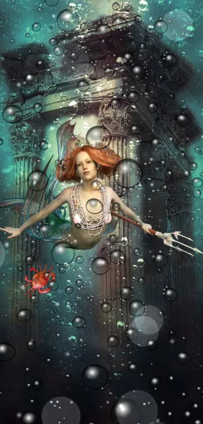 Mystical mermaid swimming near ancient ruins in an underwater fantasy scene.