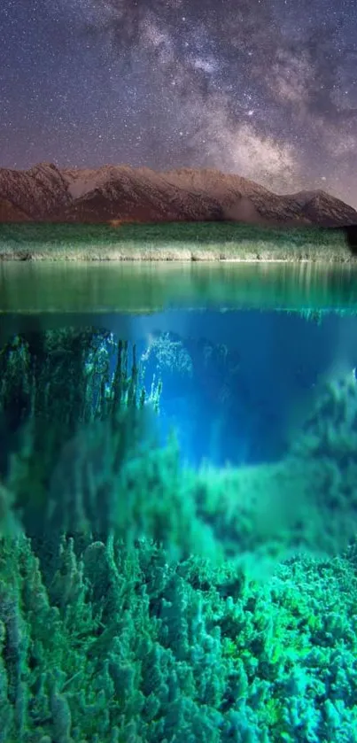 Mystical underwater world with mountains, vibrant green hues.