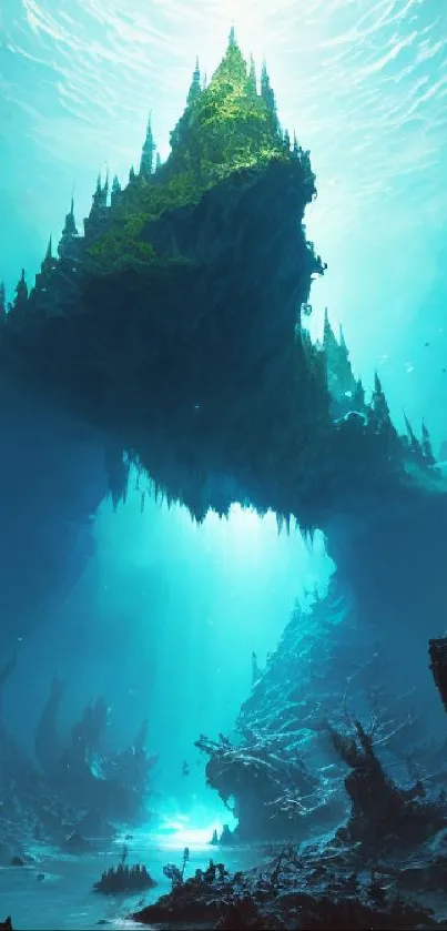 A mystical underwater landscape with vibrant teal hues and towering rock formations.