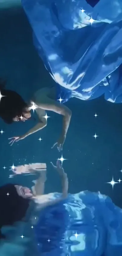 Underwater scene with reflection and sparkling stars in blue hues.