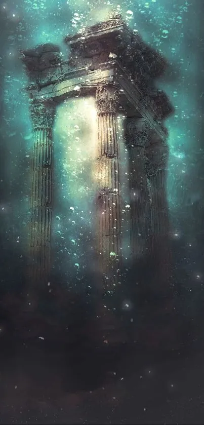 Ancient pillars submerged in mystical underwater scene.