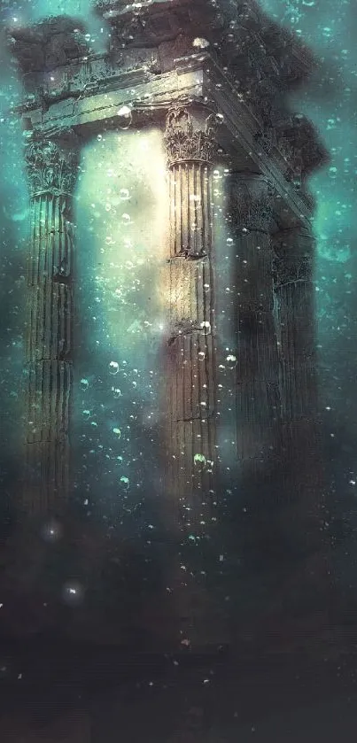 Mystical underwater ruins with ancient pillars and ethereal bubbles in teal.