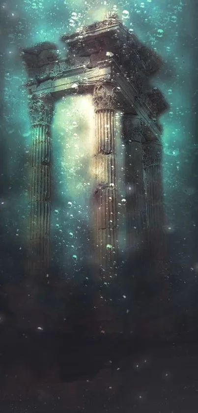 Mystical underwater ruins with bubbles and ancient columns art.