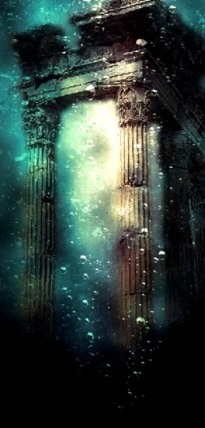 Enigmatic underwater ruins with ancient columns in a vibrant teal sea.