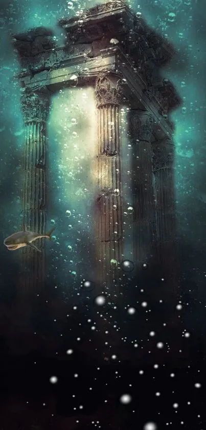 Ancient underwater ruins with a teal glow, featuring a lone fish.