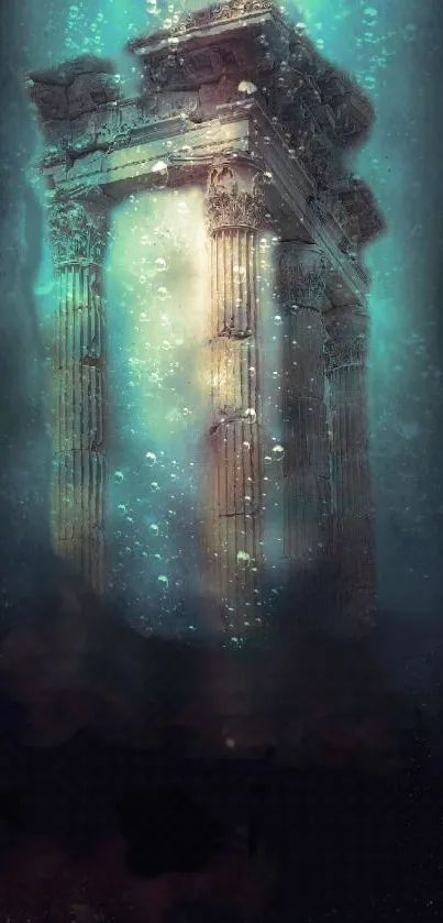 Mystical underwater ruins with ancient pillars and teal ambiance.