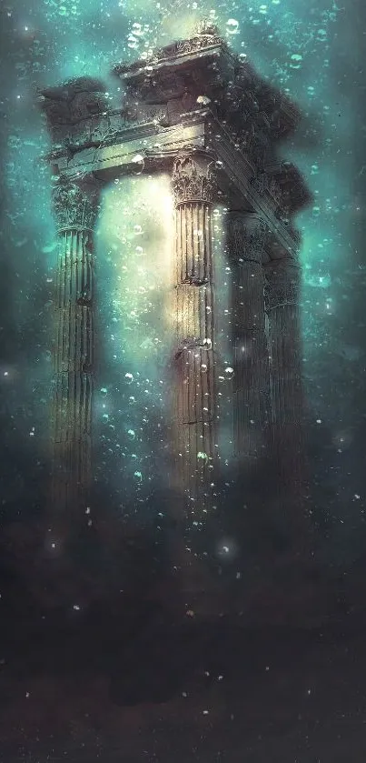Underwater ruins with glowing blue hue and ancient columns.