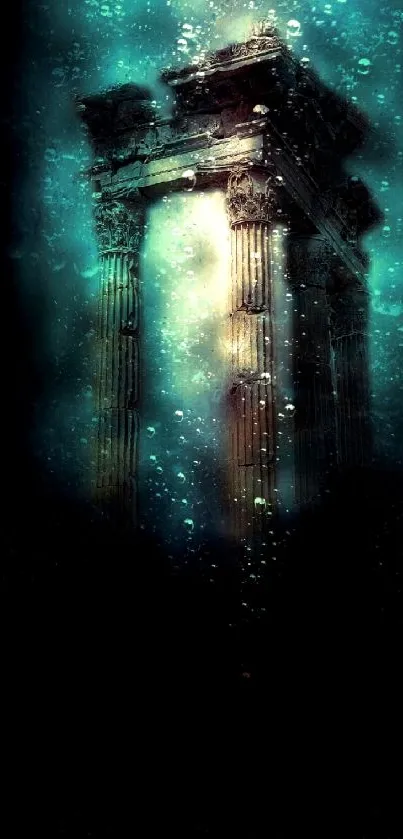 Underwater mystical ruins with ancient columns and aqua hues.