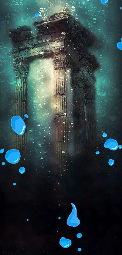 Underwater ruins with blue bubbles, mystical scene.