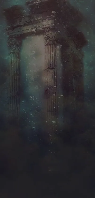 Mystical underwater ruins with ancient columns submerged in ocean.