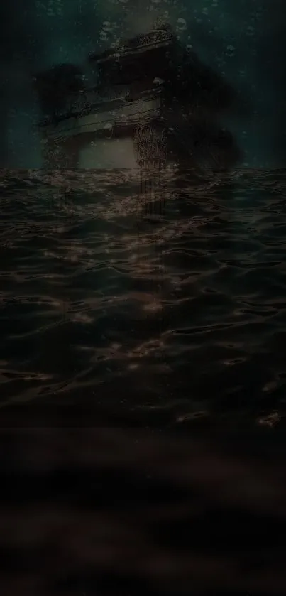 Dark underwater scene with mysterious ruins submerged.