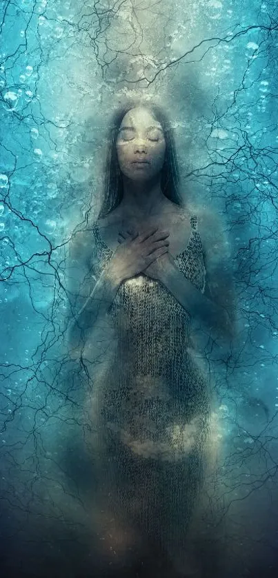 Mystical woman submerged in serene blue water.