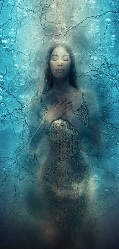 Mystical underwater portrait with bubbles and a serene figure.