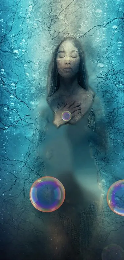 Mystical underwater scene with serene figure surrounded by bubbles.