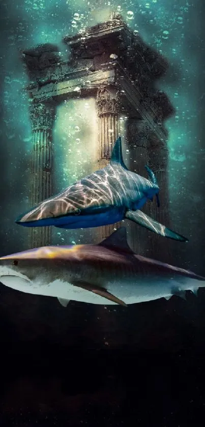 Mystical underwater scene with sharks and ancient ruins.