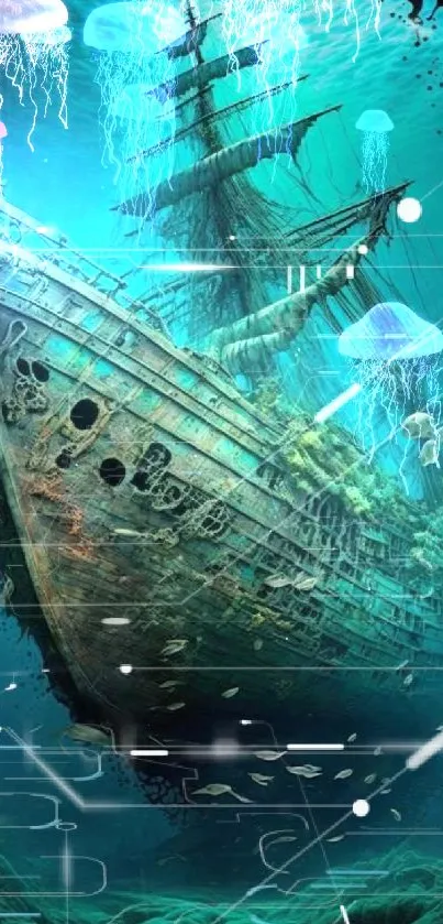 Mystical underwater ship surrounded by marine life in turquoise waters.