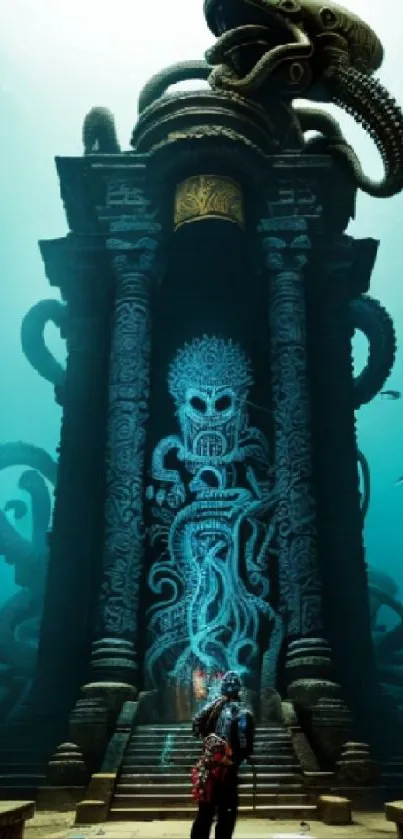 Underwater temple with mystical designs and teal ambiance in digital artwork.