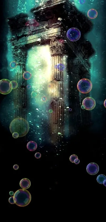 Mystical underwater temple with glowing bubbles.