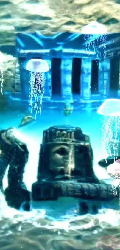 Underwater mystical temple with glowing blue ruins and ancient architecture.