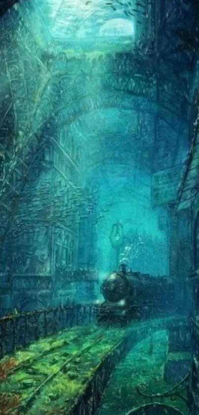 Mystical underwater scene with train in an oceanic city landscape.