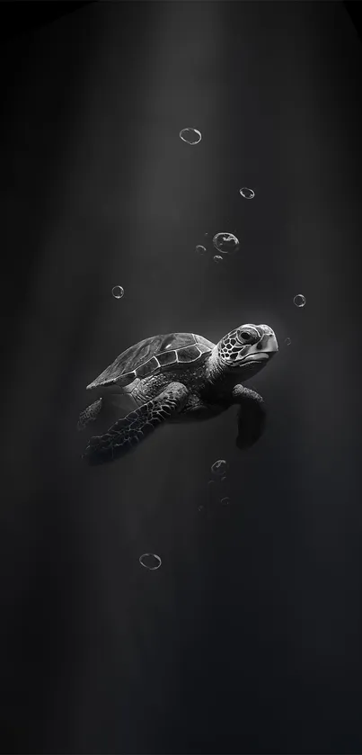 Serene underwater scene with turtle ascending in dark waters.