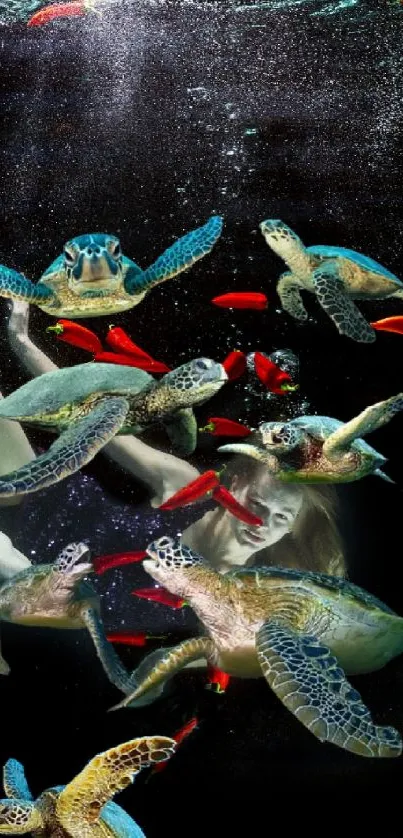 Surreal underwater scene with vibrant turtles and artistic elements.