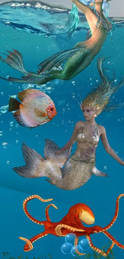 Fantasy underwater wallpaper with mermaids.