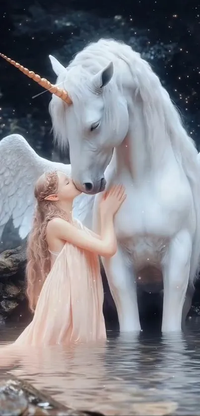 A mystical unicorn with an angel in a serene, sparkling setting.