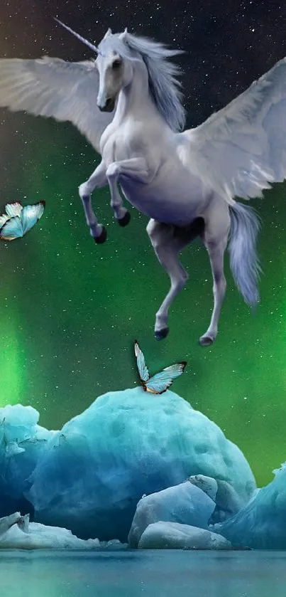 Unicorn flying above icebergs with aurora and butterflies.