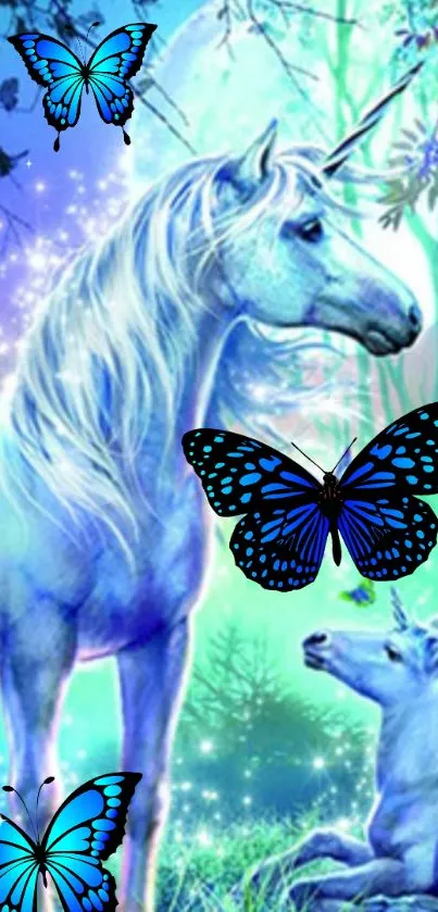 Enchanting unicorn and blue butterflies in a mystical forest.