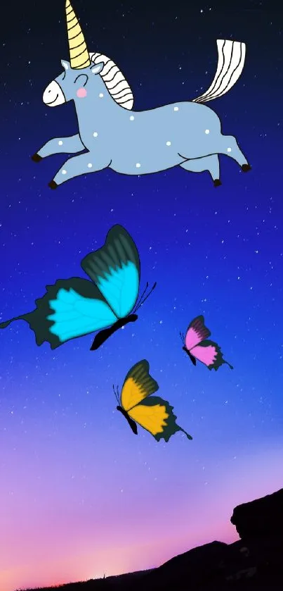 Unicorn with butterflies over starry night gradient background.