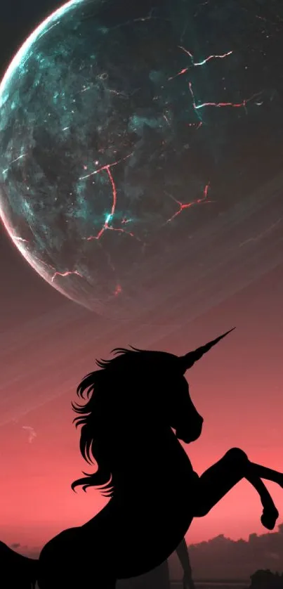 Silhouette of a unicorn against a glowing planet on a red sky.