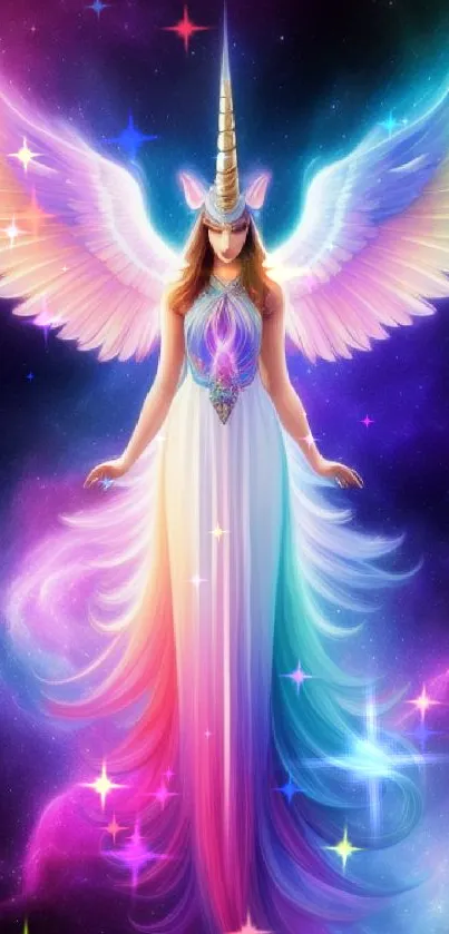 Mystical unicorn angel with rainbow wings and galaxy background.