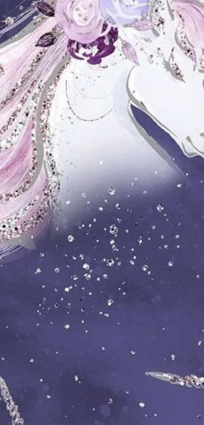 Mystical unicorn on a purple background with sparkles and flowers.