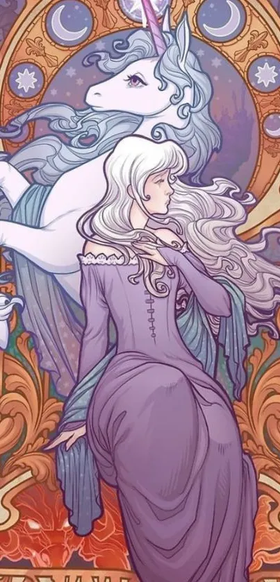 Art nouveau unicorn with woman in purple, mystical and enchanting design.