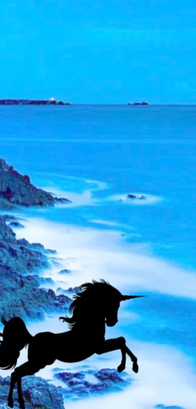 Black unicorn silhouette against a blue ocean backdrop.