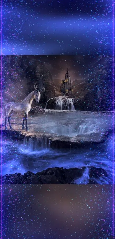 Unicorn by a waterfall with a castle, in mystical blue and purple hues.