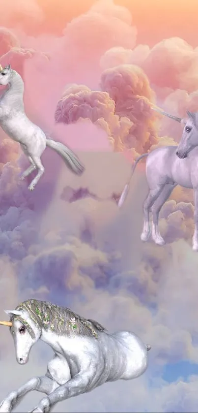 Three unicorns float among pastel clouds in a fantasy mobile wallpaper.