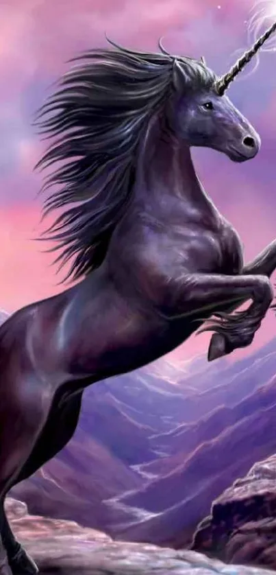 Black unicorn in a purple sky landscape fantasy art.