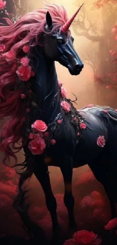 A mystical unicorn with a pink mane and roses in a fantasy forest.