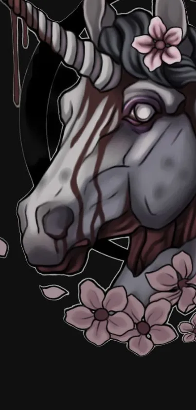 Mystical unicorn with dark floral details on a mobile wallpaper.