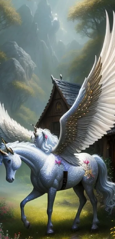 Majestic unicorn with wings in a magical forest by a wooden house.