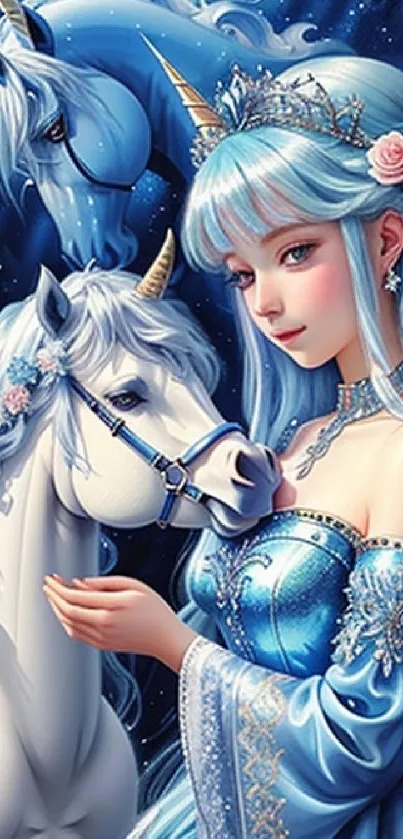 Mystical lady in blue gown with unicorns against a starry night sky.