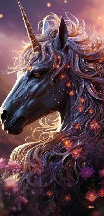 Dreamlike purple unicorn in a fantasy art scene.