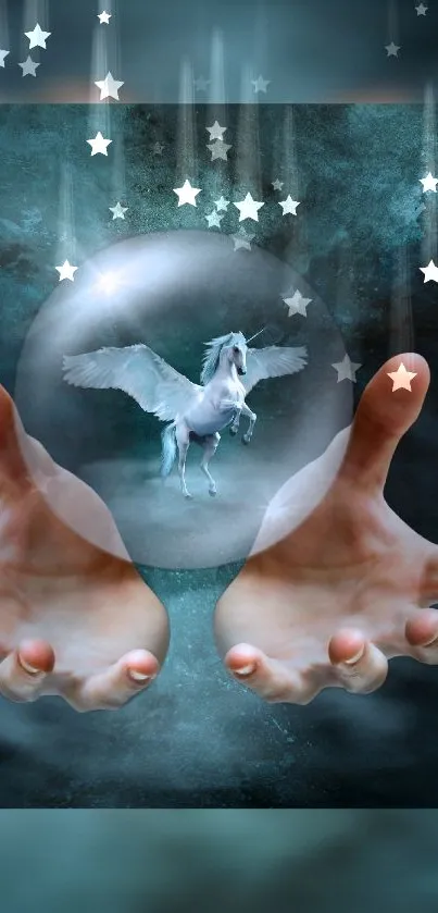 Mystical unicorn in crystal sphere with teal starry background.