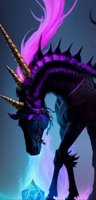 Mystical unicorn in vibrant purple fantasy setting.