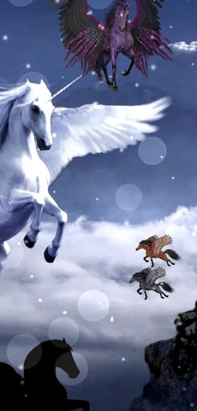 Majestic unicorns flying through a starry night sky with clouds.